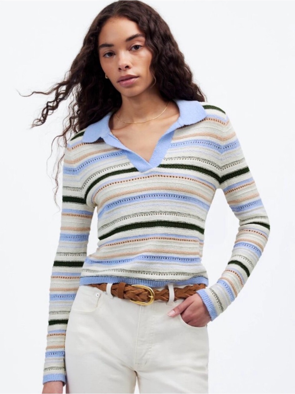 Madewell Women Sweater Sz S Striped Textural Stitch Johnny Collar Open Knit